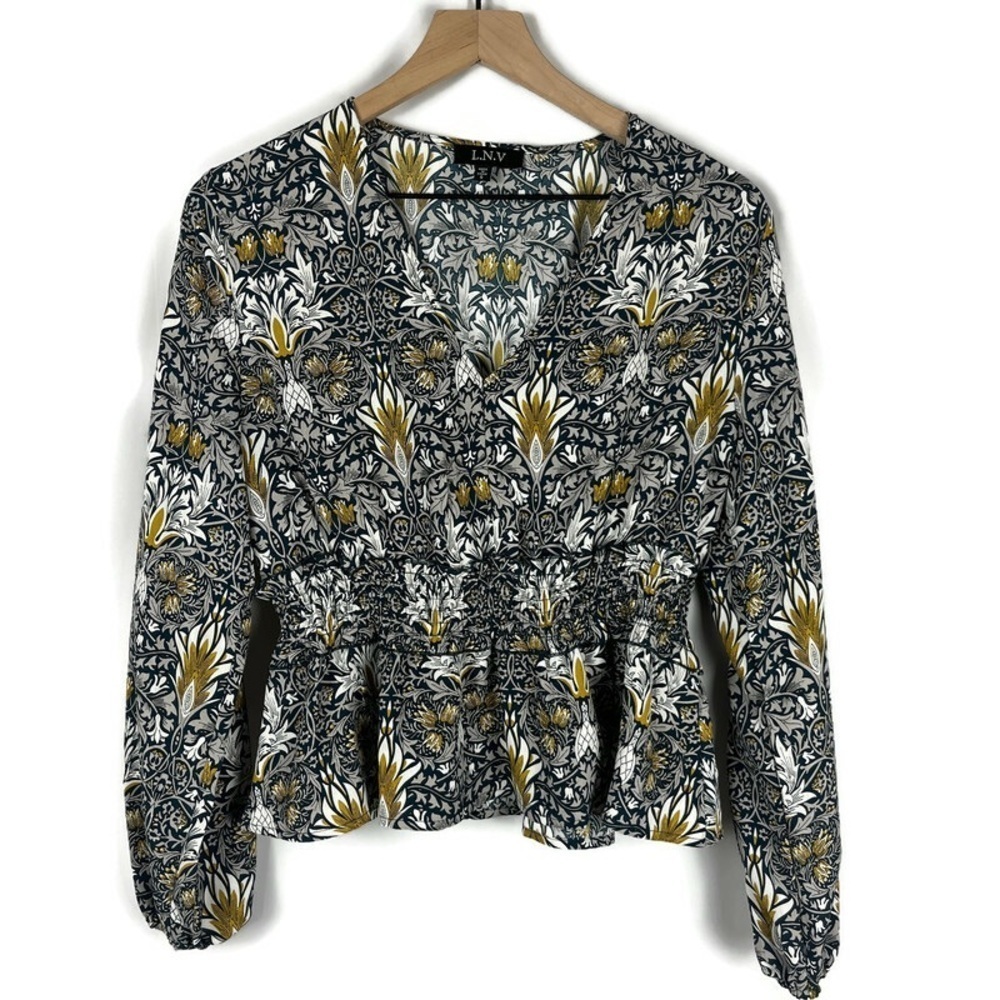 L.N.V Ruffle Peplum V-Neck Long Sleeve Blouse Top Green Modern Print Size Small